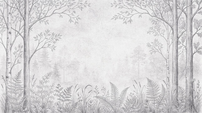 Vintage forest pencil sketch wallpaper, monochrome woodland landscape with trees and ferns, hand drawn botanical nature mural background