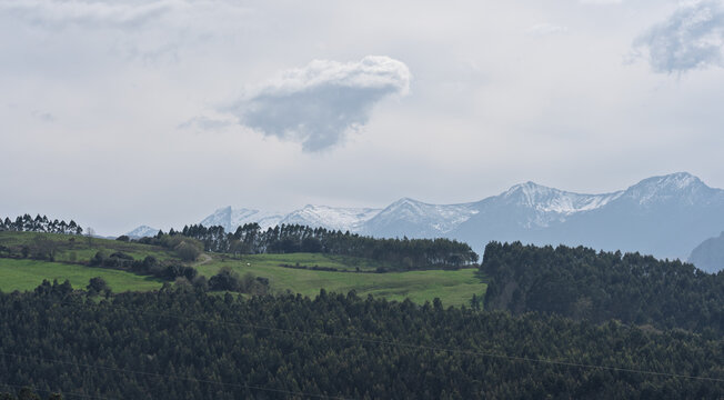 Snowy Mountain Ridge Above Green Forest and Rolling Hills