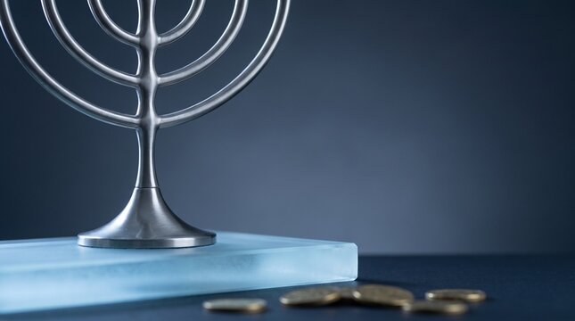Silver Hanukkah Menorah Candle Holder with Golden Gelt Coins on Blue Background for Jewish Holiday Celebration