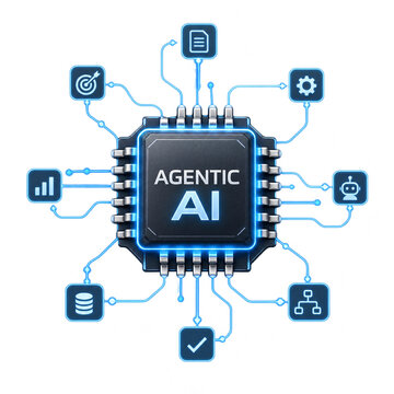 Agentic AI circuit chip connected to workflow automation and data icons for artificial intelligence isolated on transparent background