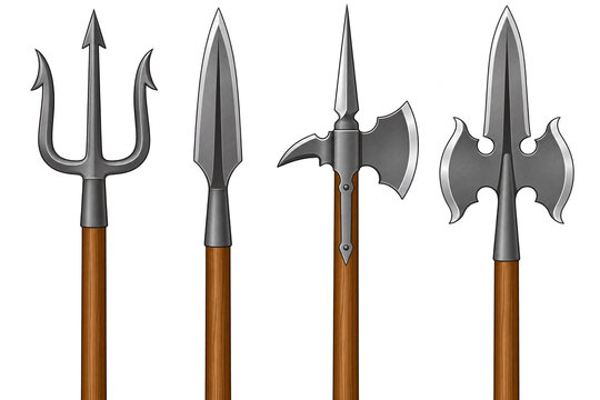 set of Medieval polearm weapon heads including trident spear and halberd for historical design isolated on transparent  background