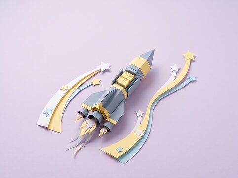 Colorful Paper Rocket Model with Star Elements on Soft Pink Background for Creative Projects