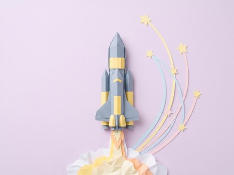 Colorful Paper Rocket Launching with Surreal Clouds and Stars Against a Playful Pink Background