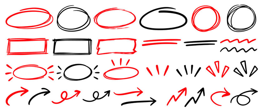 Hand drawn doodle circles rectangles arrows and lines for design highlight elements isolated on transparent background