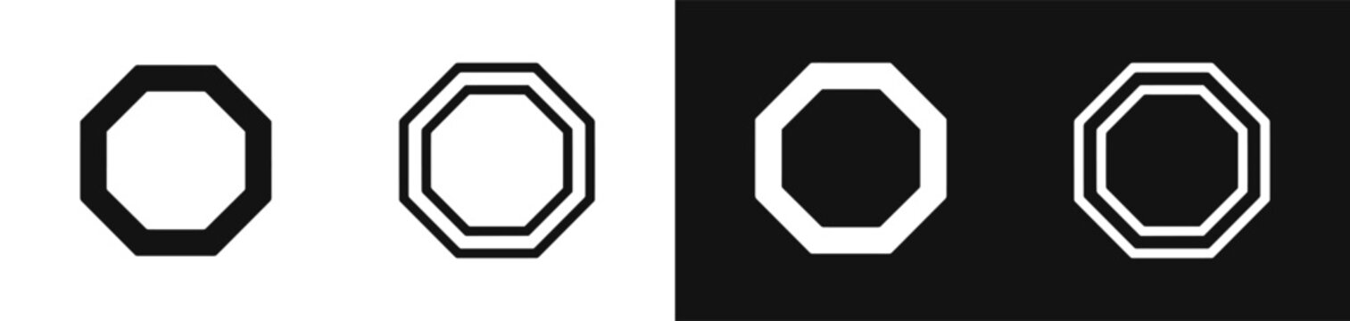 Octagon frame icon set, geometric octagonal shape vector illustration, black and white geometric symbol