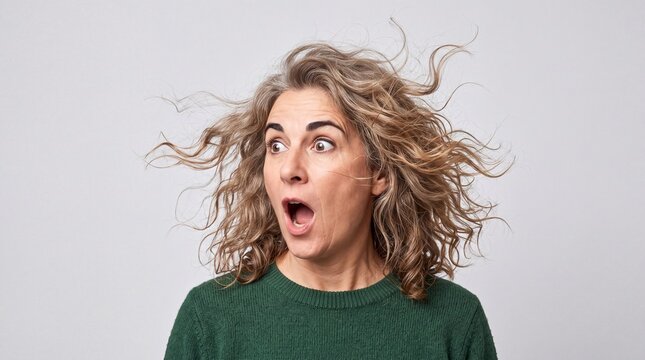 Shocked funny middle aged woman with messy hair looking surprised