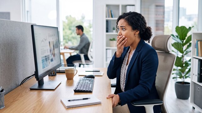 Shocked funny businesswoman looking at screen in modern office