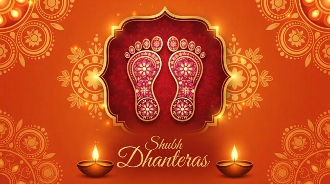 Shubh Dhanteras Greeting with Sacred Lakshmi Footprints, Swastik Symbol and Diya Lamps on Festive Red Background