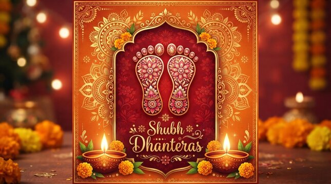 Shubh Dhanteras Greeting with Sacred Lakshmi Footprints, Swastik Symbol and Diya Lamps on Festive Red Background