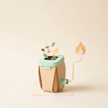 Creative paper craft compost bin with plant illustrations and whimsical flame design