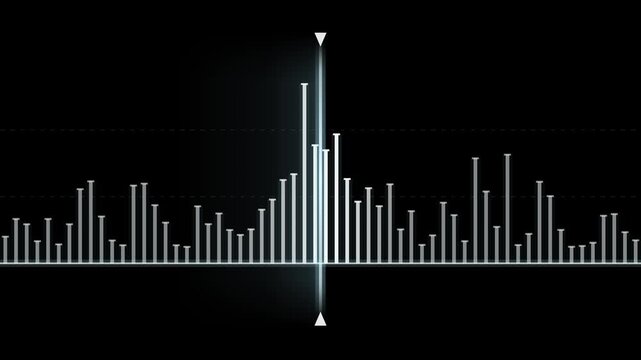 Spectrum analyzer scan line seamless loop on black background, white vertical spectral bars rising as a bright scanning line passes twice, 4K audio waveform equalizer science motion graphic overlay