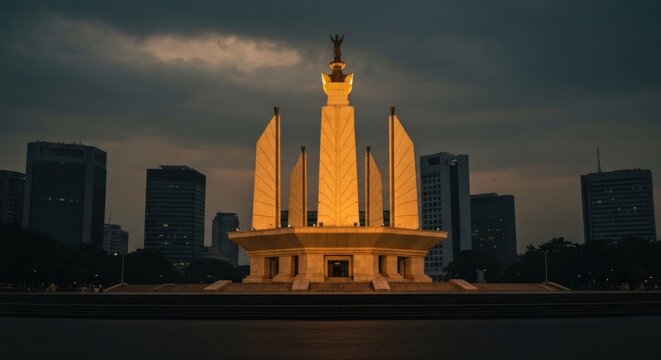 Illuminated monument at dusk, flanked by city skyscrapers under a brooding sky