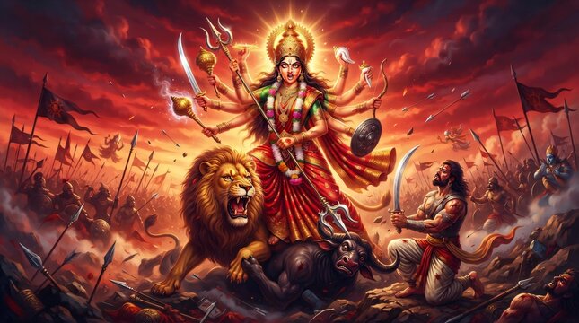 Goddess Durga Slaying Mahishasura During Vijayadashami Dussehra Festival, Powerful Hindu Divine Warrior Illustration