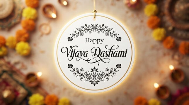 Happy Vijaya Dashami Festival Greeting Typography with Floral Decorative Circular Neon Frame