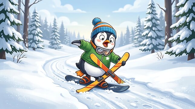 Cute cartoon penguin skiing on snowy winter mountain slope