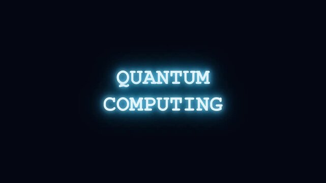 Blue neon quantum computing text with digital glitch effect