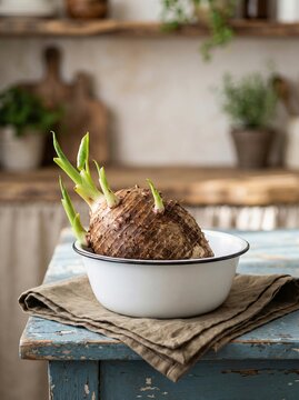 Taro root sprouting in bowl on rustic kitchen table, natural home gardening concept