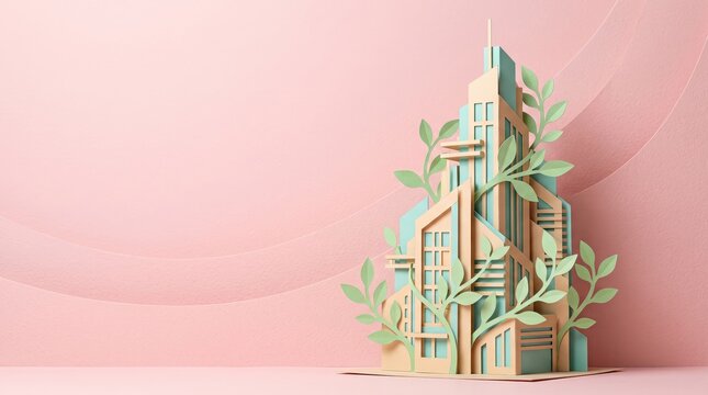 Colorful Paper Model of a Modern Building Surrounded by Green Leaves on a Pink Background