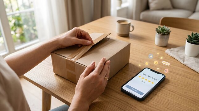 Woman Opening Delivered Package and Leaving Positive Feedback on Smartphone