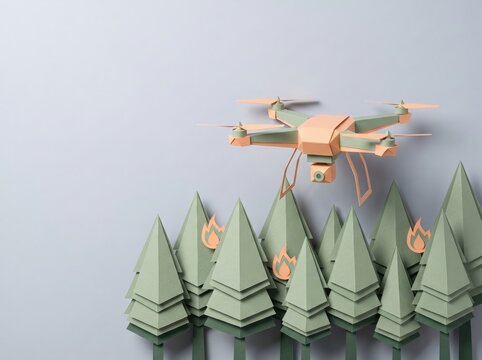 Drone Monitoring Paper Trees with Fire Danger Symbol in Minimalist 3D Illustration Style