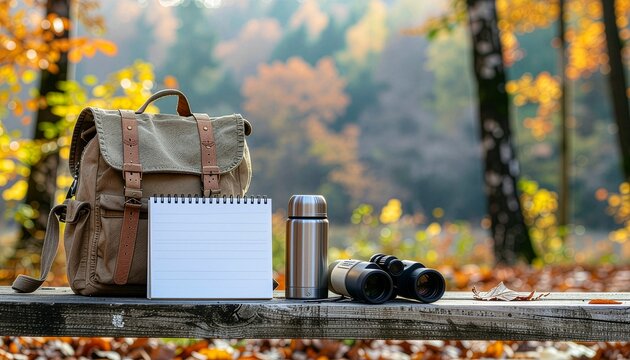 Adventure travel gear including a vintage backpack, binoculars, flask, and a blank notebook on a wooden bench in an autumn forest