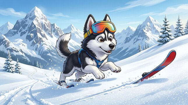 Cute husky dog wearing goggles skiing on a winter mountain slope