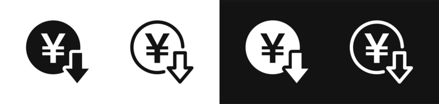 Yen currency price drop vector icon set showing money devaluation and cost reduction