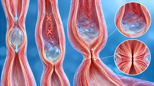 Blood vessel showing progressive narrowing, dilation and abnormal wall changes