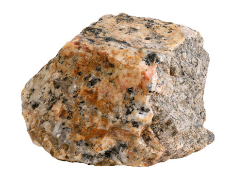This igneous stone specimen displays a coarse-grained texture with visible mineral crystals including quartz feldspar and dark biotite mica flakes