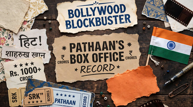 Collage of torn magazine and newspaper cut outs featuring the letter Pathaan movie blockbuster in different fonts, sizes, and colours and indian flag.