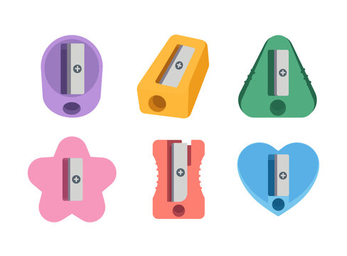 Colorful pencil sharpener icon collection in a playful flat vector style featuring six geometric sharpener designs with pencils and varied shapes