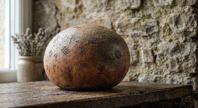 Textured Earthenware Sphere with Ancient Symbols Resting on Distressed Wood Against a Stone Wall