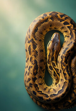 Wildlife conservation and nature coiled python snake with patterned scales on a green background for biology zoology and environmental education themes