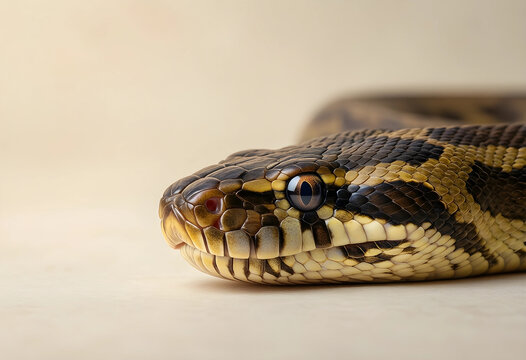 Wildlife conservation and nature study, close up of a python snake head with detailed scales and eye texture on a neutral beige background