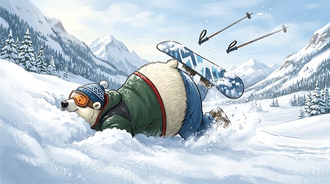 Polar bear in winter clothing crashing on a snowboard in mountains