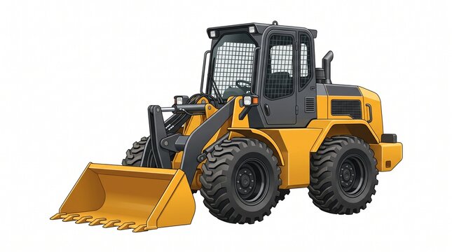 Yellow heavy duty industrial front end loader construction vehicle isolated on a white background for heavy machinery operations