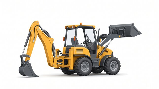 Powerful yellow backhoe loader, essential heavy machinery for construction, excavation, and digging projects, isolated on a clean white background, ready for work