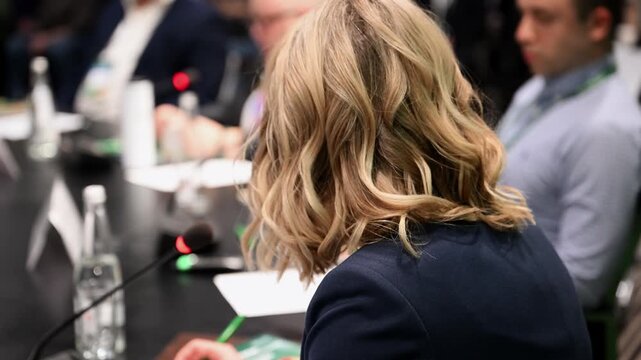 Rear view of a conference participant at a microphone during professional discussion. Business meeting, panel discussion and corporate communication concept.