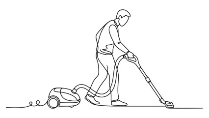 Fototapeta premium Continuous line of a man cleaning the floor with a vacuum cleaner in a simple minimalist style on a white background