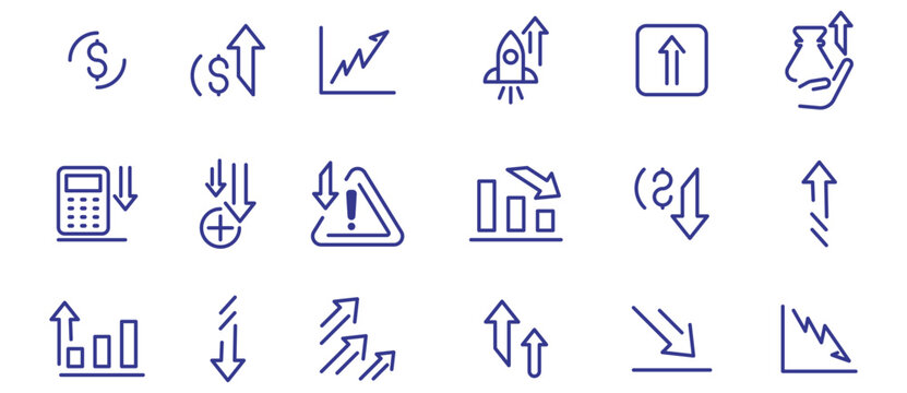 Set of flat icons of profit and loss, contains financial growth, increase arrow, decrease arrow and income