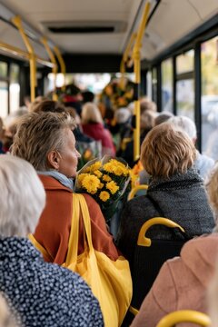 Elderly passengers with yellow bouquet on crowded bus for background design poster and public transport lifestyle concept