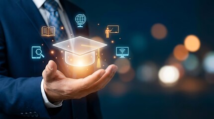 Obraz premium Businessman Holding a Glowing Graduation Cap with Digital Education Icons in a Network diploma learning