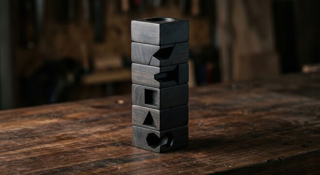 Stack of Carved Ebony Wood Blocks with Geometric Cutouts in Workshop Setting