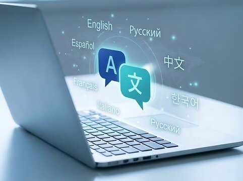 Laptop displaying translation interface with language bubbles and text in different languages communication