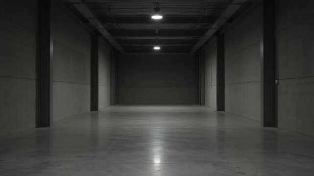 Long empty concrete corridor with minimalist design and dramatic perspective. Dark industrial hallway, modern brutalist architecture.