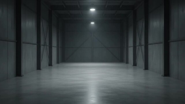 Dark empty modern industrial warehouse interior with concrete floor, metal walls, and overhead lights, spacious and minimalist.