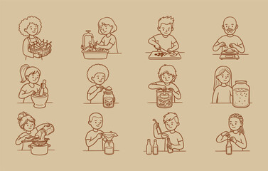 Fototapeta premium Hand drawn sketch vector character collection of passionate cooks following recipes to preserve pepper harvest preparing homemade condiment seasoning blends filtering infused mash into pots