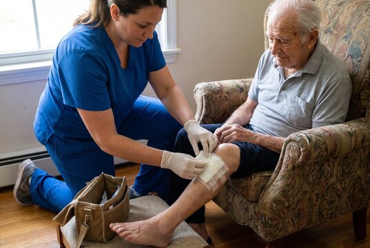 Home Care Nurse Changing Wound Dressing for Elderly Patient