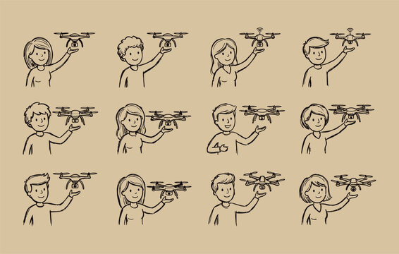 Drone pilots and videographers launching smart camera quadcopters from their hands for aerial photography vector character set showing people flying wireless remote uav gadgets