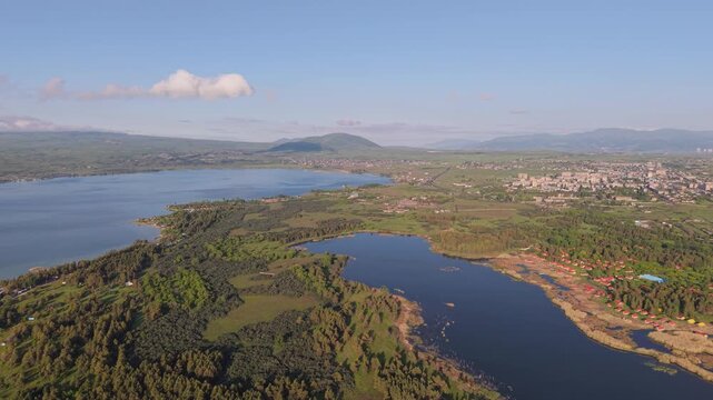 Aerial view of Lake Sevan and the town of Sevan, Armenia.